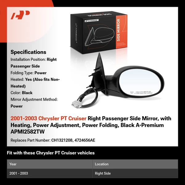 2001-2003 Chrysler PT Cruiser Right Passenger Side Mirror, with Heating, Power Adjustment, Power Folding, Black A-Premium APMI2582TW