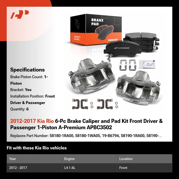 2012-2017 Kia Rio 6-Pc Brake Caliper and Pad Kit Front Driver & Passenger 1-Piston A-Premium APBC3502