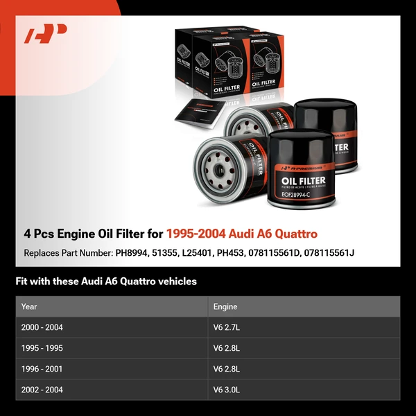 4 Pcs Engine Oil Filter for 1995-2004 Audi A6 Quattro