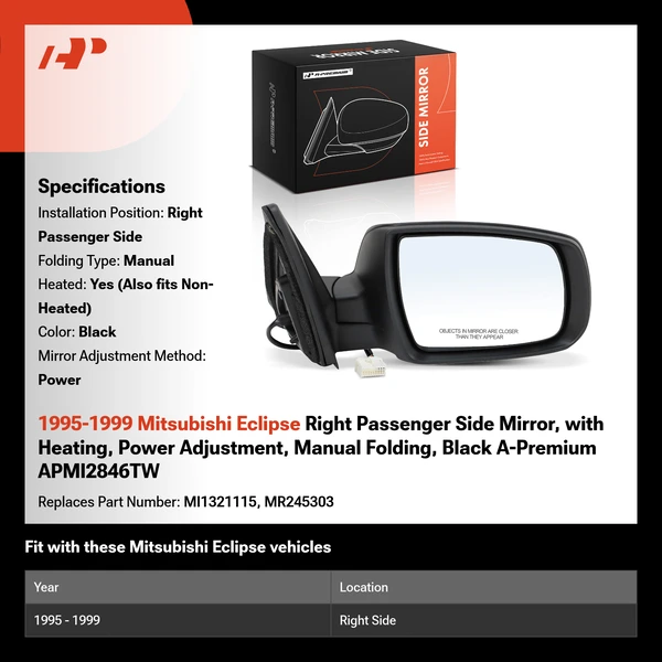 1995-1999 Mitsubishi Eclipse Right Passenger Side Mirror, with Heating, Power Adjustment, Manual Folding, Black A-Premium APMI2846TW