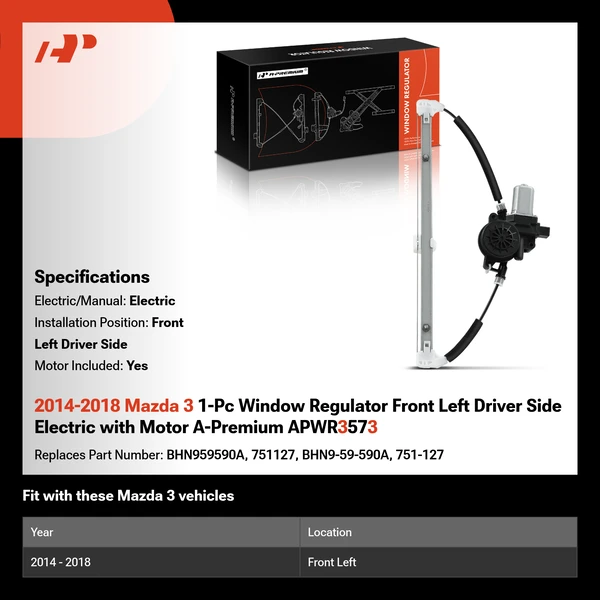 2014-2018 Mazda 3 1-Pc Window Regulator Front Left Driver Side Electric with Motor A-Premium APWR3573