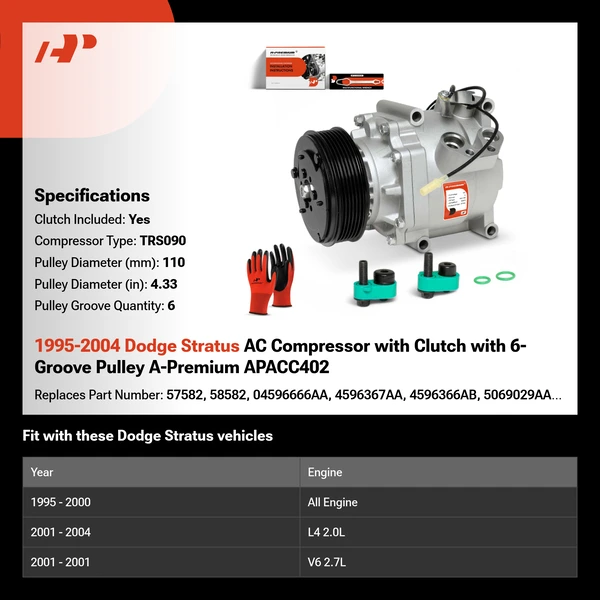 1995-2004 Dodge Stratus AC Compressor with Clutch with 6-Groove Pulley A-Premium APACC402