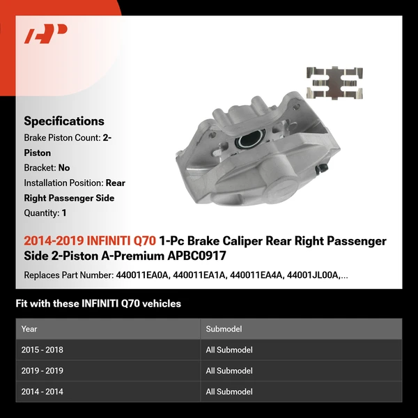 2014-2019 INFINITI Q70 1-Pc Brake Caliper Rear Right Passenger Side 2-Piston A-Premium APBC0917