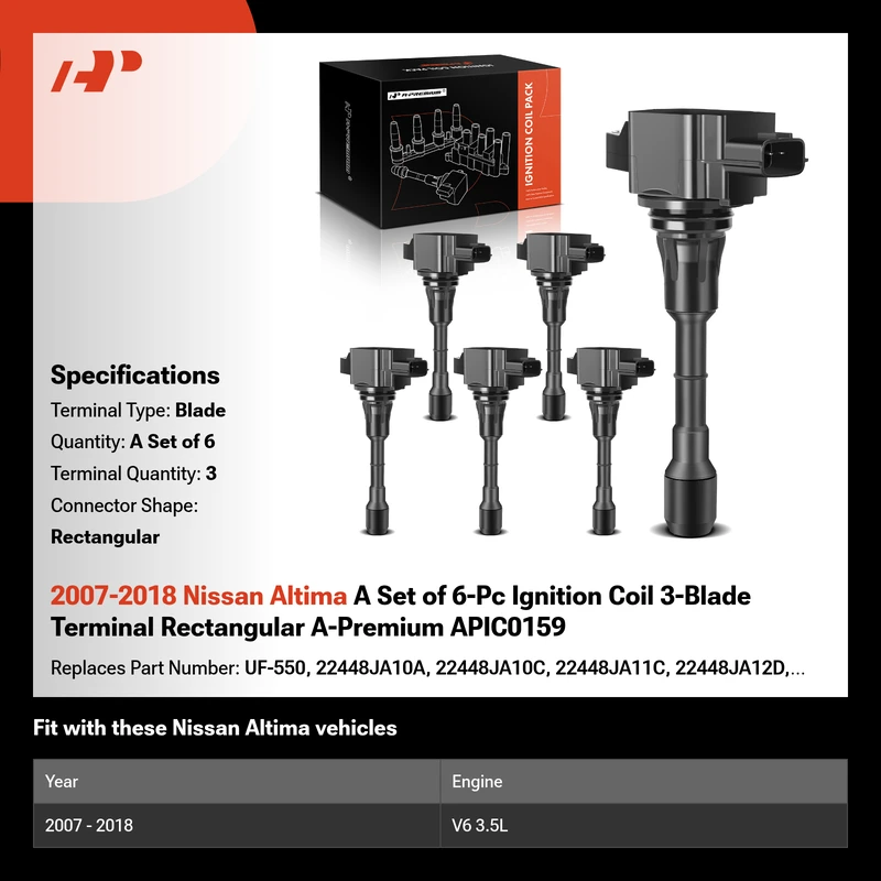 2007-2018 Nissan Altima A Set of 6-Pc Ignition Coil 3-Blade Terminal Rectangular A-Premium APIC0159