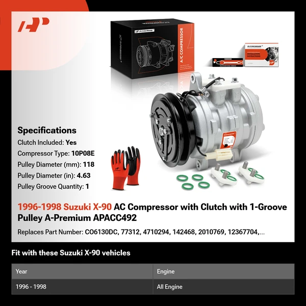 1996-1998 Suzuki X-90 AC Compressor with Clutch with 1-Groove Pulley A-Premium APACC492