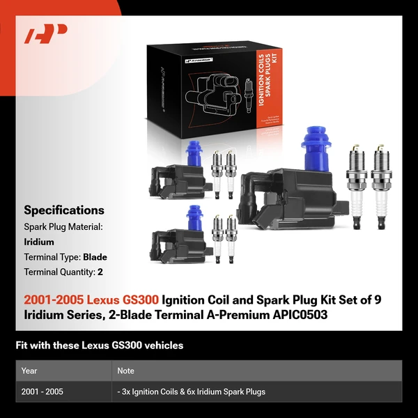 2001-2005 Lexus GS300 Ignition Coil and Spark Plug Kit Set of 9 Iridium Series, 2-Blade Terminal A-Premium APIC0503