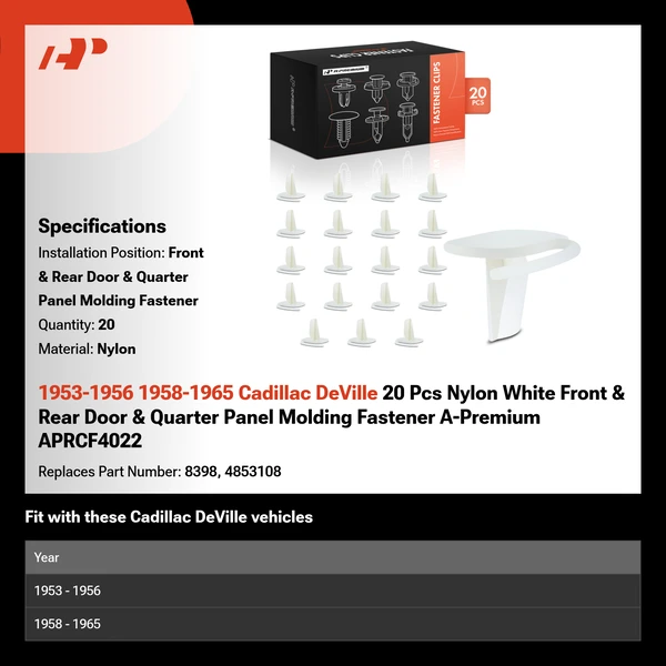 1953-1956 1958-1965 Cadillac DeVille 20 Pcs Nylon White Front & Rear Door & Quarter Panel Molding Fastener A-Premium APRCF4022