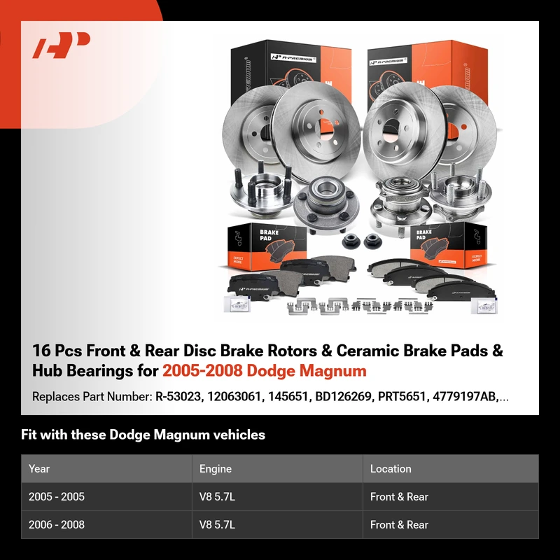 16 Pcs Front & Rear Disc Brake Rotors & Ceramic Brake Pads & Hub Bearings for 2005-2008 Dodge Magnum