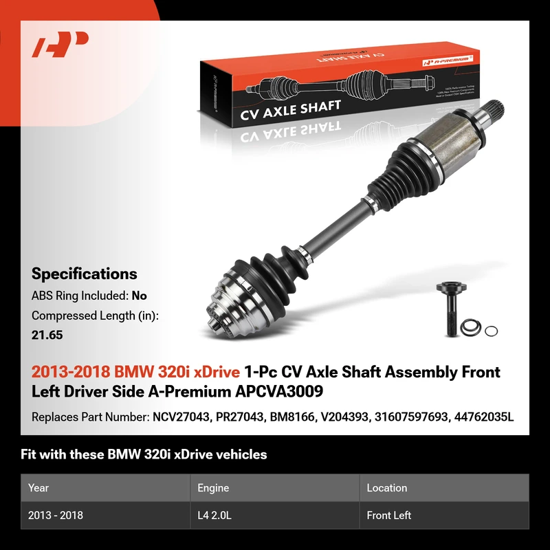 2013-2018 BMW 320i xDrive 1-Pc CV Axle Shaft Assembly Front Left Driver Side A-Premium APCVA3009