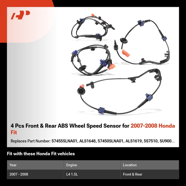 4 Pcs Front & Rear ABS Wheel Speed Sensor for 2007-2008 Honda Fit
