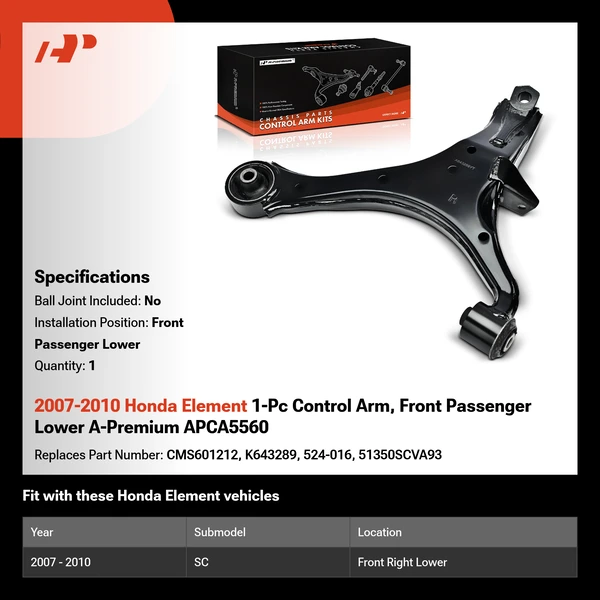 2007-2010 Honda Element 1-Pc Control Arm, Front Passenger Lower A-Premium APCA5560