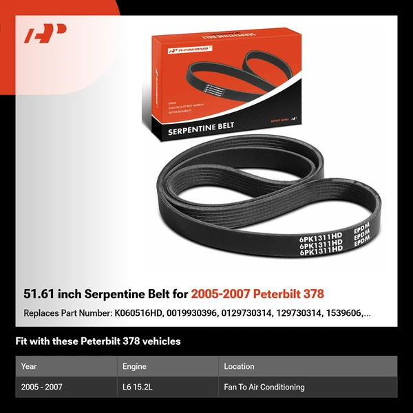 51.61 inch Serpentine Belt for 2005-2007 Peterbilt 378