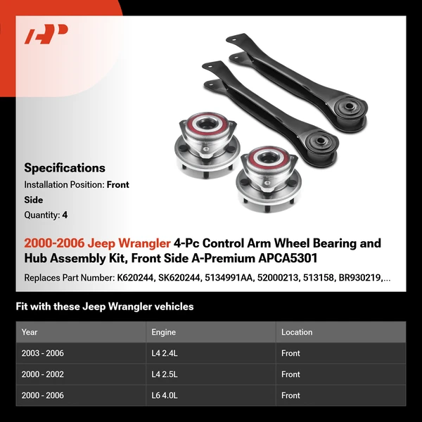 2000-2006 Jeep Wrangler 4-Pc Control Arm Wheel Bearing and Hub Assembly Kit, Front Side A-Premium APCA5301