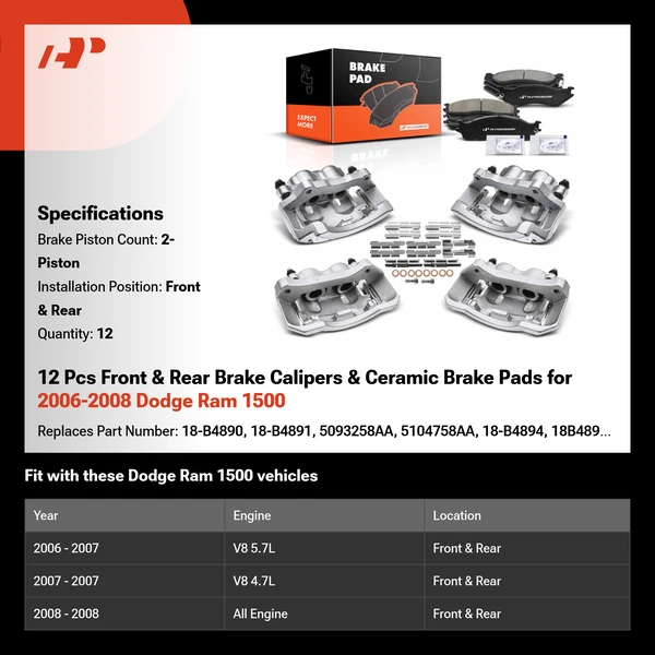 12 Pcs Front & Rear Brake Calipers & Ceramic Brake Pads for 2006-2008 Dodge Ram 1500