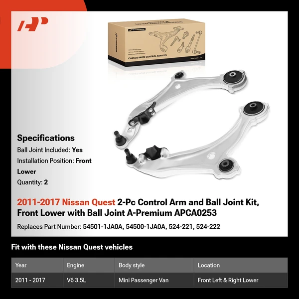 2011-2017 Nissan Quest 2-Pc Control Arm and Ball Joint Kit, Front Lower with Ball Joint A-Premium APCA0253