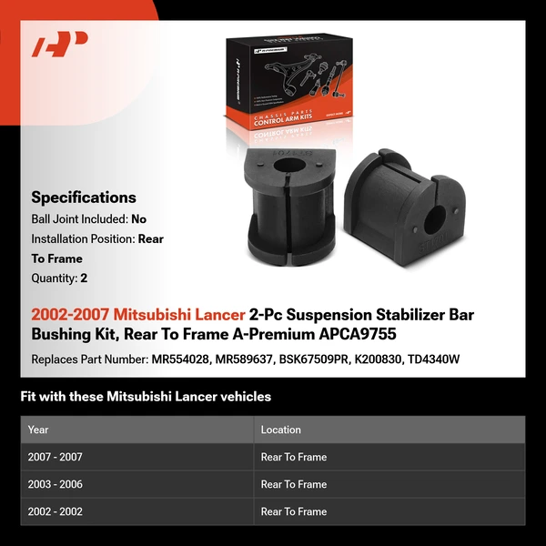 2002-2007 Mitsubishi Lancer 2-Pc Suspension Stabilizer Bar Bushing Kit, Rear To Frame A-Premium APCA9755