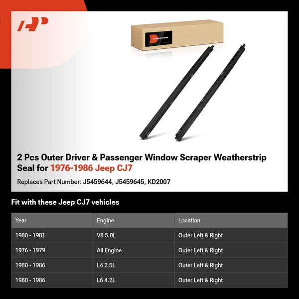 2 Pcs Outer Driver & Passenger Window Scraper Weatherstrip Seal for 1976-1986 Jeep CJ7