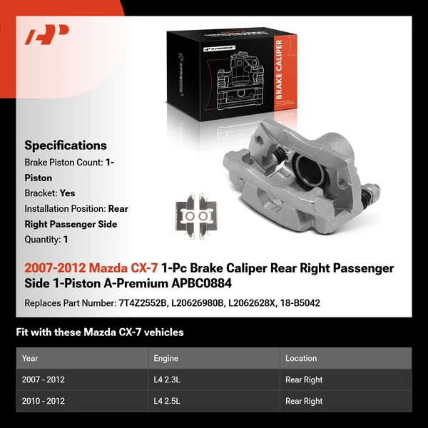 2007-2012 Mazda CX-7 1-Pc Brake Caliper Rear Right Passenger Side 1-Piston A-Premium APBC0884
