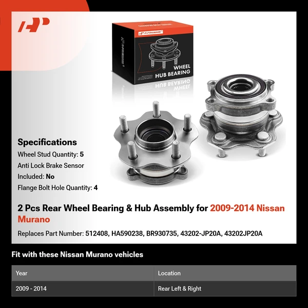 2 Pcs Rear Wheel Bearing & Hub Assembly for 2009-2014 Nissan Murano