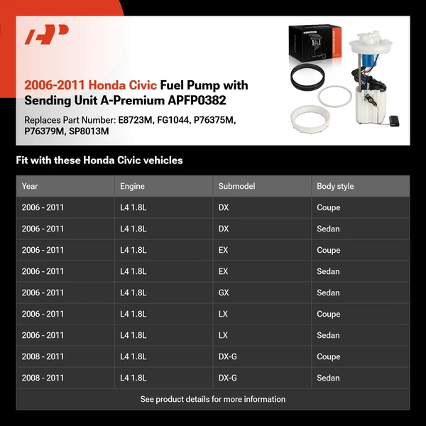 2006-2011 Honda Civic Fuel Pump with Sending Unit A-Premium APFP0382