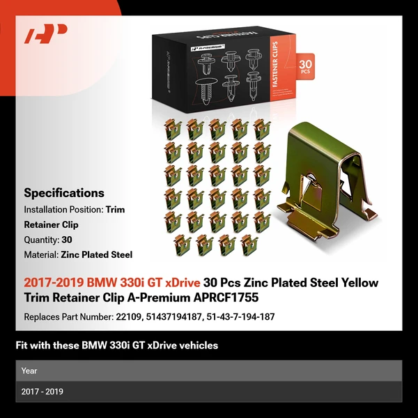 2017-2019 BMW 330i GT xDrive 30 Pcs Zinc Plated Steel Yellow Trim Retainer Clip A-Premium APRCF1755