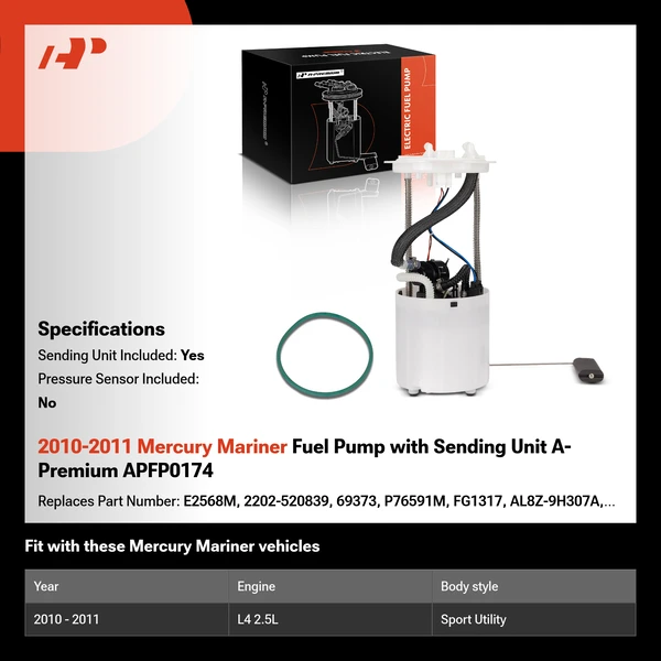 2010-2011 Mercury Mariner Fuel Pump with Sending Unit A-Premium APFP0174