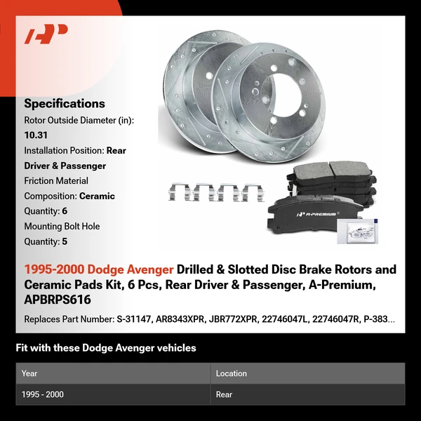 1995-2000 Dodge Avenger Drilled & Slotted Disc Brake Rotors and Ceramic Pads Kit, 6 Pcs, Rear Driver & Passenger, A-Premium, APBRPS616