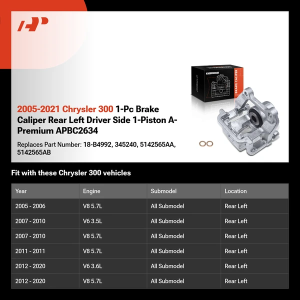 2005-2021 Chrysler 300 1-Pc Brake Caliper Rear Left Driver Side 1-Piston A-Premium APBC2634