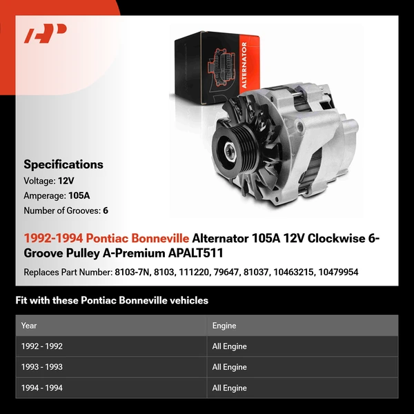 1992-1994 Pontiac Bonneville Alternator 105A 12V Clockwise 6-Groove Pulley A-Premium APALT511