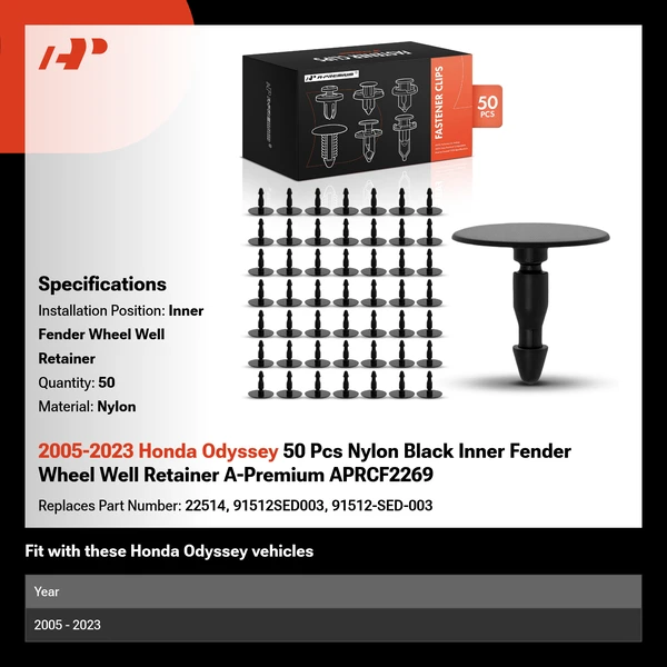 2005-2023 Honda Odyssey 50 Pcs Nylon Black Inner Fender Wheel Well Retainer A-Premium APRCF2269