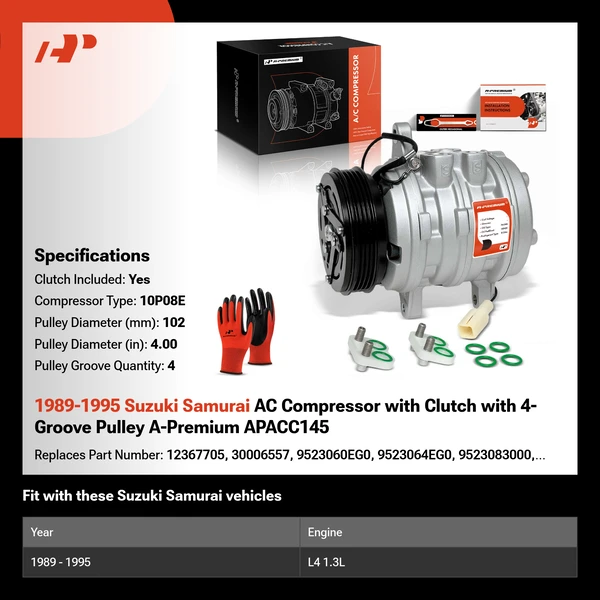 1989-1995 Suzuki Samurai AC Compressor with Clutch with 4-Groove Pulley A-Premium APACC145