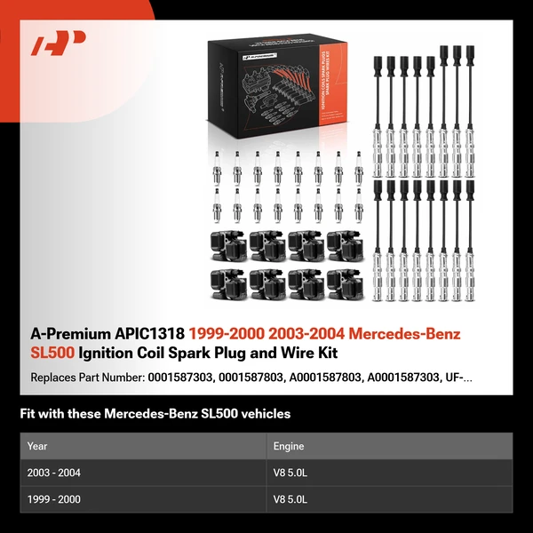 A-Premium APIC1318 1999-2000 2003-2004 Mercedes-Benz SL500 Ignition Coil Spark Plug and Wire Kit