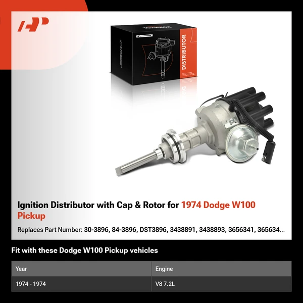 Ignition Distributor with Cap & Rotor for 1974 Dodge W100 Pickup