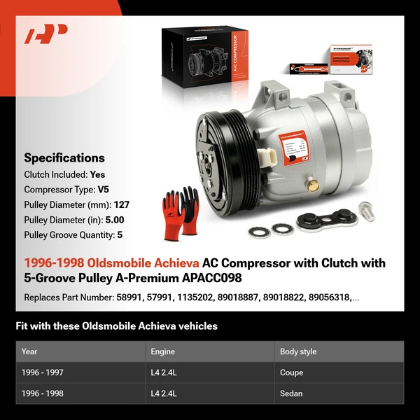 1996-1998 Oldsmobile Achieva AC Compressor with Clutch with 5-Groove Pulley A-Premium APACC098