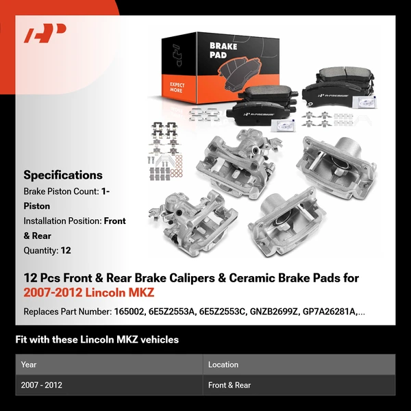 12 Pcs Front & Rear Brake Calipers & Ceramic Brake Pads for 2007-2012 Lincoln MKZ