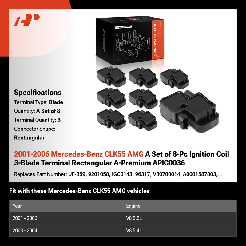 2001-2006 Mercedes-Benz CLK55 AMG A Set of 8-Pc Ignition Coil 3-Blade Terminal Rectangular A-Premium APIC0036