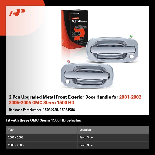 2 Pcs Upgraded Metal Front Exterior Door Handle for 2001-2003 2005-2006 GMC Sierra 1500 HD