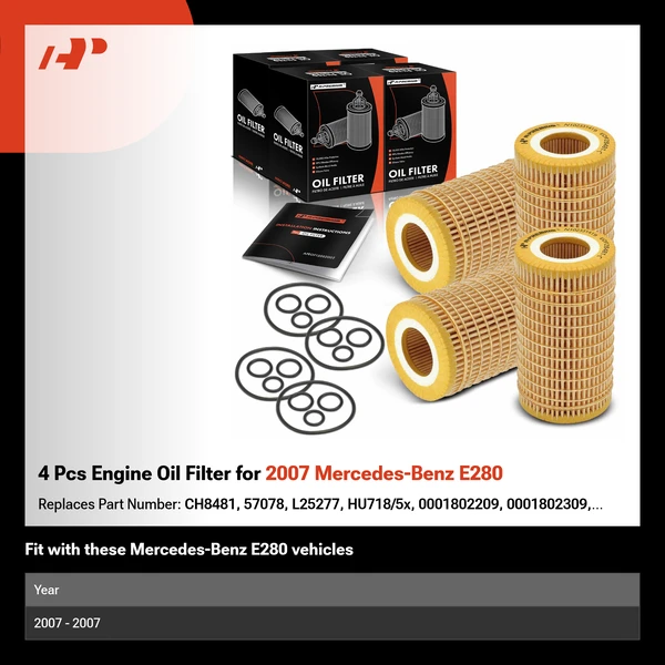 4 Pcs Engine Oil Filter for 2007 Mercedes-Benz E280