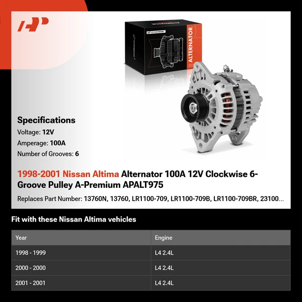 1998-2001 Nissan Altima Alternator 100A 12V Clockwise 6-Groove Pulley A-Premium APALT975