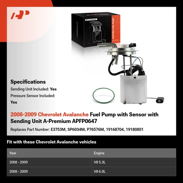 2008-2009 Chevrolet Avalanche Fuel Pump with Sensor with Sending Unit A-Premium APFP0647