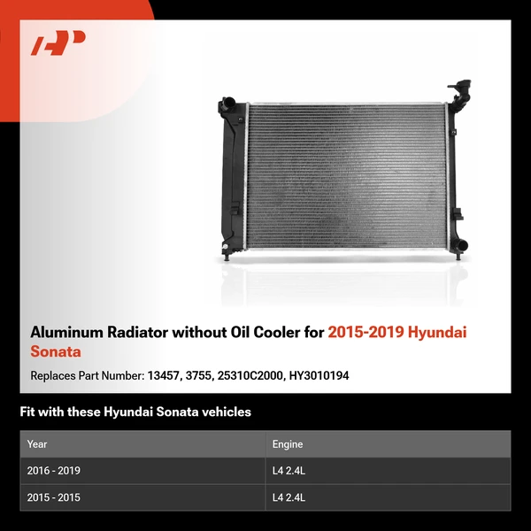 Aluminum Radiator without Oil Cooler for 2015-2019 Hyundai Sonata