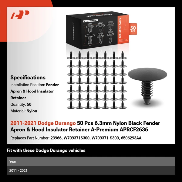 2011-2021 Dodge Durango 50 Pcs 6.3mm Nylon Black Fender Apron & Hood Insulator Retainer A-Premium APRCF2636