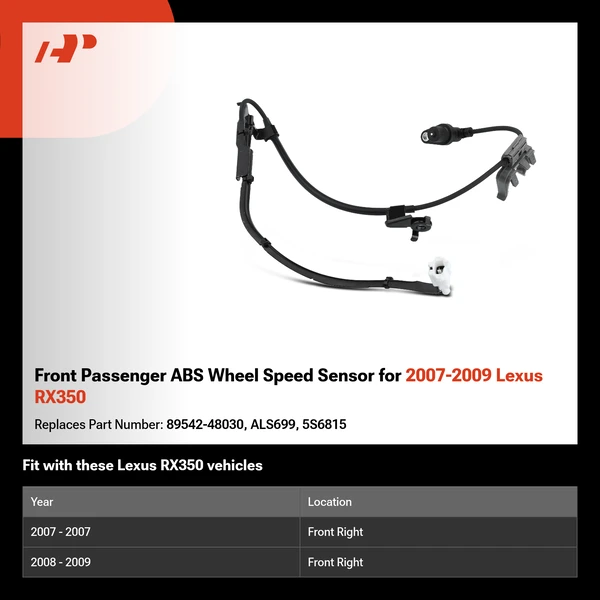 Front Passenger ABS Wheel Speed Sensor for 2007-2009 Lexus RX350