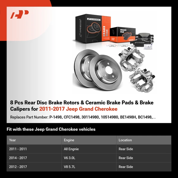 8 Pcs Rear Disc Brake Rotors & Ceramic Brake Pads & Brake Calipers for 2011-2017 Jeep Grand Cherokee