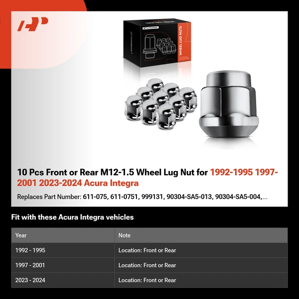 10 Pcs Front or Rear M12-1.5 Wheel Lug Nut for 1992-1995 1997-2001 2023-2024 Acura Integra