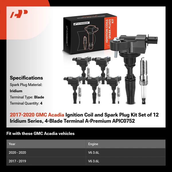 2017-2020 GMC Acadia Ignition Coil and Spark Plug Kit Set of 12 Iridium Series, 4-Blade Terminal A-Premium APIC0752