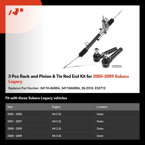 3 Pcs Rack and Pinion & Tie Rod End Kit for 2005-2009 Subaru Legacy