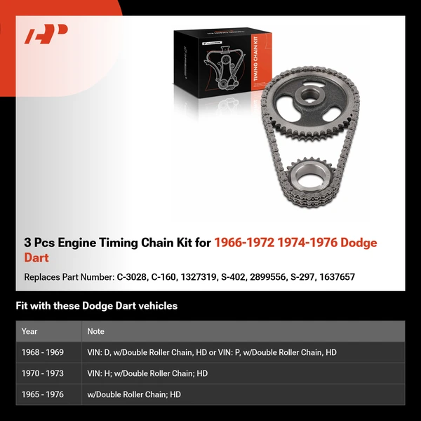 3 Pcs Engine Timing Chain Kit for 1966-1972 1974-1976 Dodge Dart