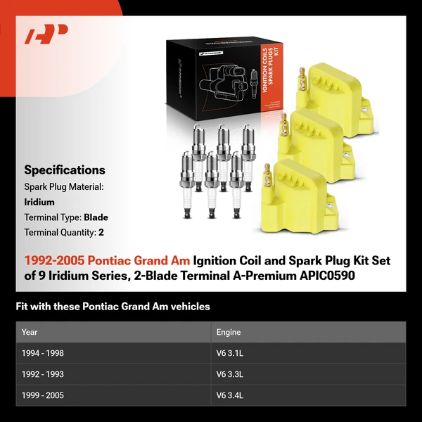 1992-2005 Pontiac Grand Am Ignition Coil and Spark Plug Kit Set of 9 Iridium Series, 2-Blade Terminal A-Premium APIC0590