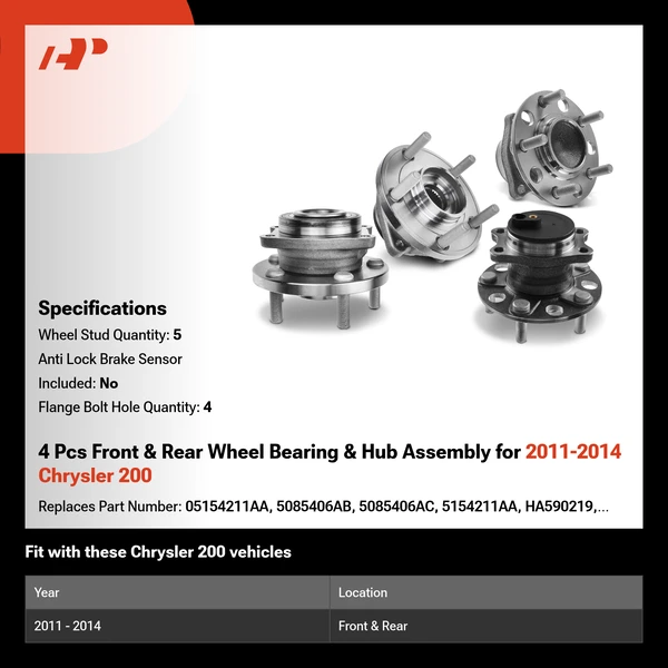 4 Pcs Front & Rear Wheel Bearing & Hub Assembly for 2011-2014 Chrysler 200